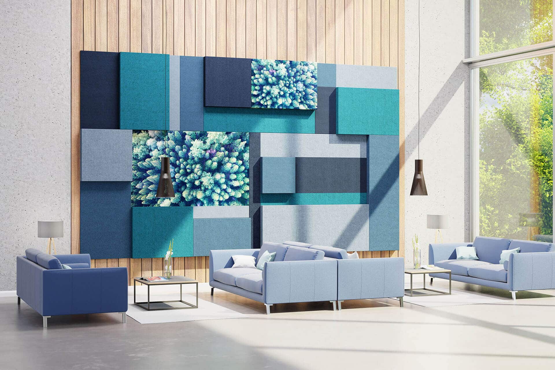 Loungebereich mit großem blauen Schallschutzelement an Wand